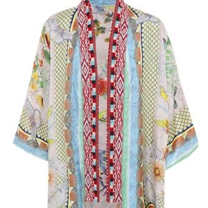 Johnny Was Claret silk reversible embellished kimono jacket button close